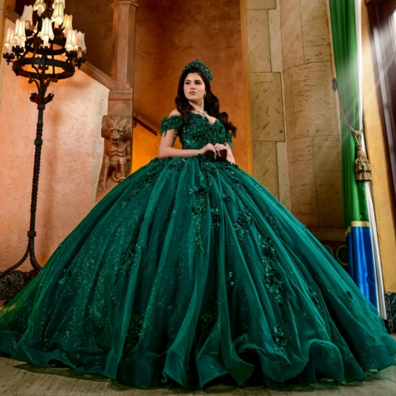 

Dark Green Shiny Quinceanera Dresses Off The Shoulder Applique Lace Beading Crystal Tull Party Birthday Sweet 16 Dress Vestidos