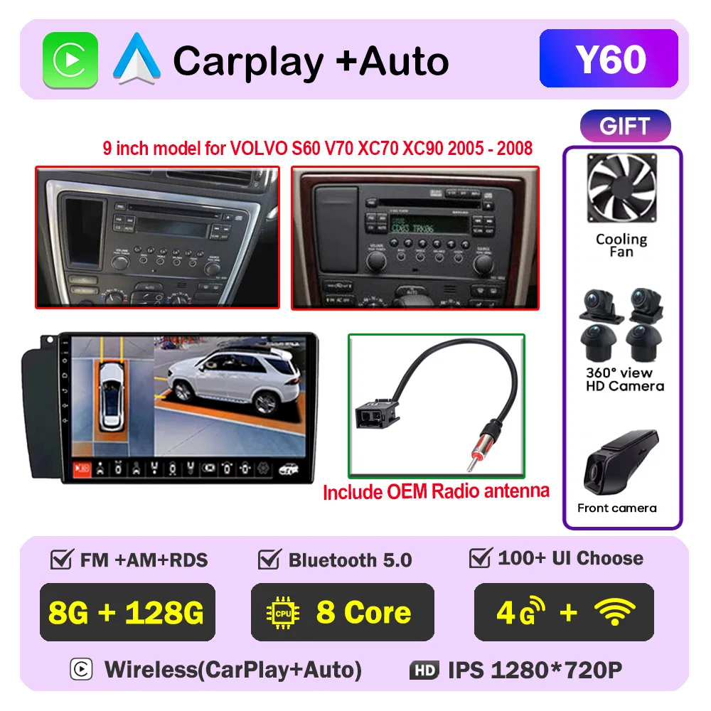 Auto radio CarPlay voor Volvo XC70 V70 S60 2000-2009 Android Auto multimediaspeler stereo 8-core autoradio DSP 5G WIFI scherm DVD