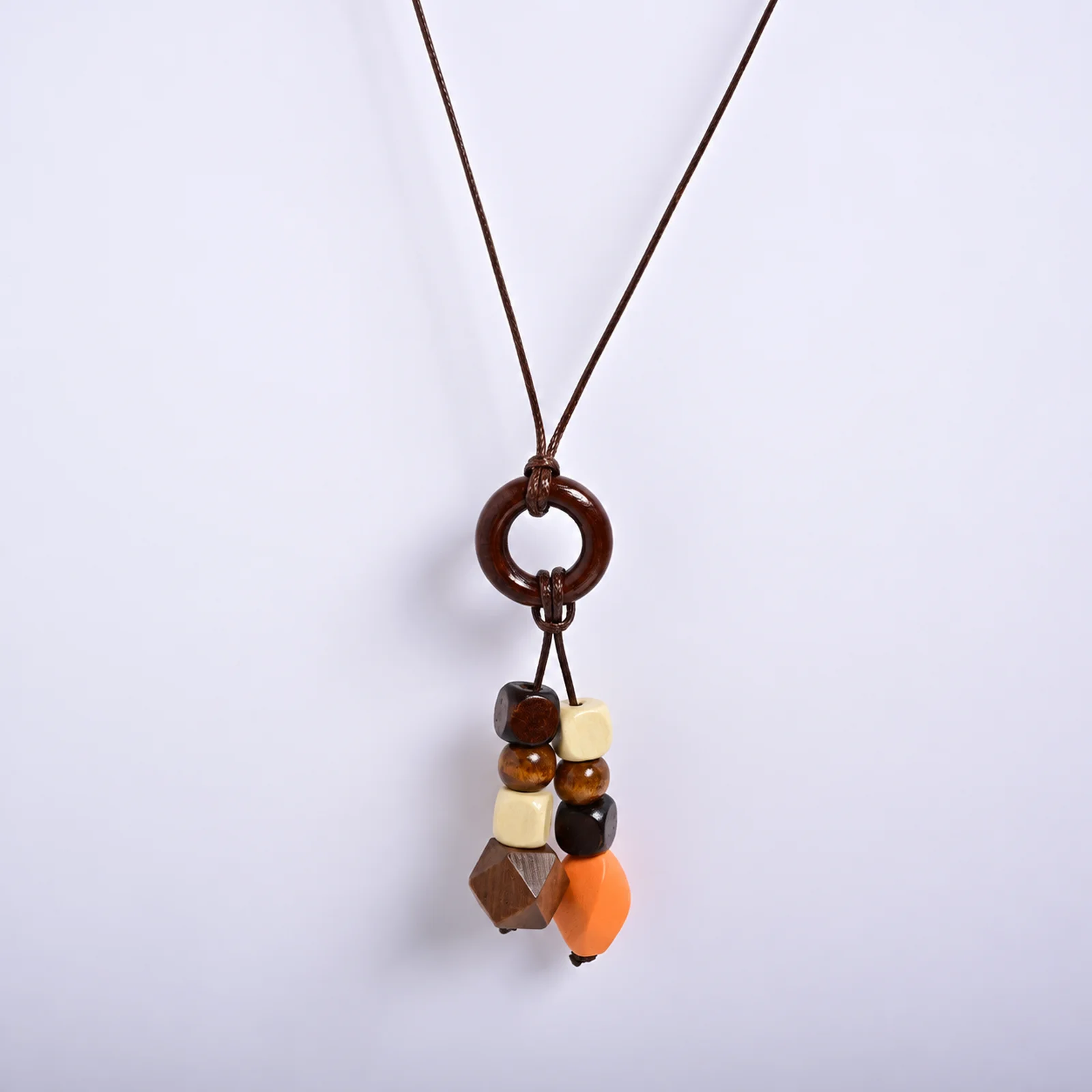 Handwoven Forest Style Necklace with Waxed Cord Wooden Ring Twisted Bead Slice Square Pendant Necklace 609P12-11