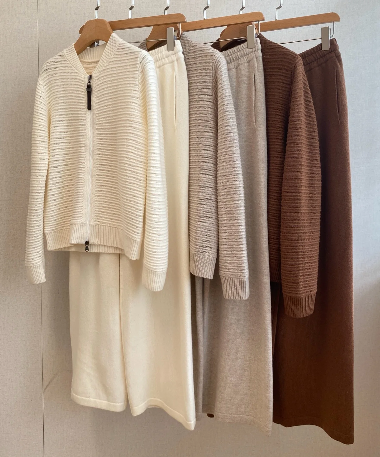 Textured Striped Knit Co-ord Set Zip Up Long Sleeve Jacket & High Waist Wide Leg Pants For Women