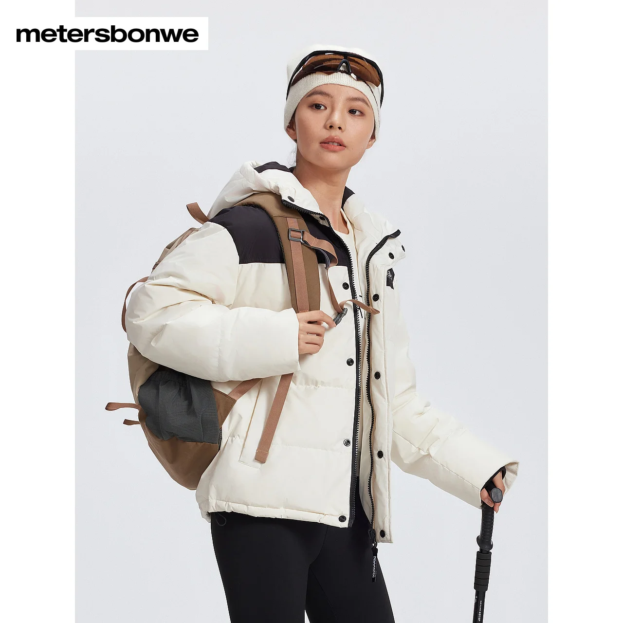 Metersbonwe-Men Women's Color Clash Loose Down Jacket High Collar Hooded And Adjustable Drawstring Windproof Couple Warm Wear