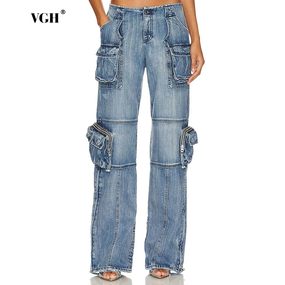 

VGH Spliced Zipper Denim Trousers For Women High Waist Patchwork Pockets Minimalist Casual Cargo Pants Female Fashion Style New