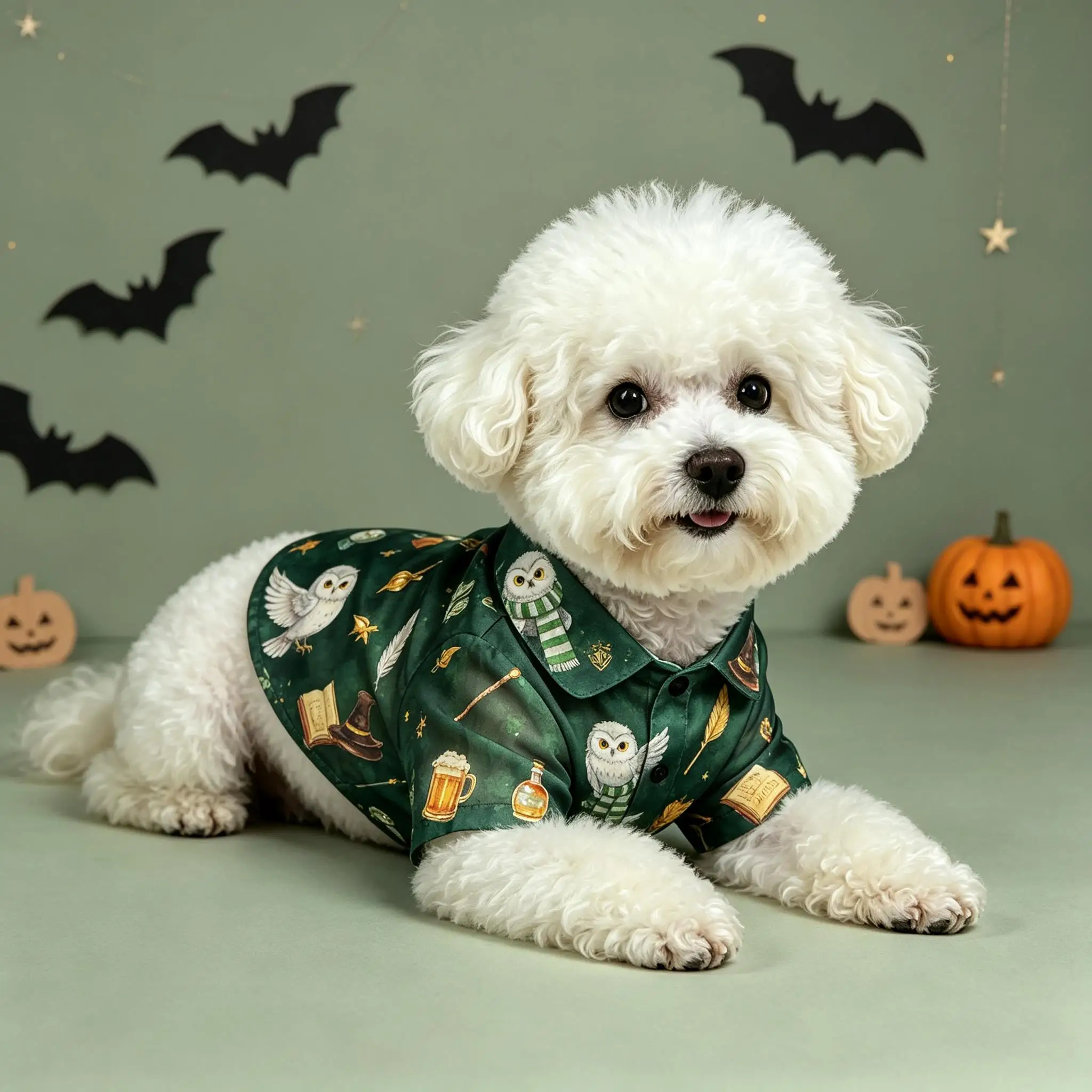 Pet Dog Shirt Green Owl Magic Book Print Breathable Button Up for Small Medium Dogs Cute Wizard Theme Party Daily Wear