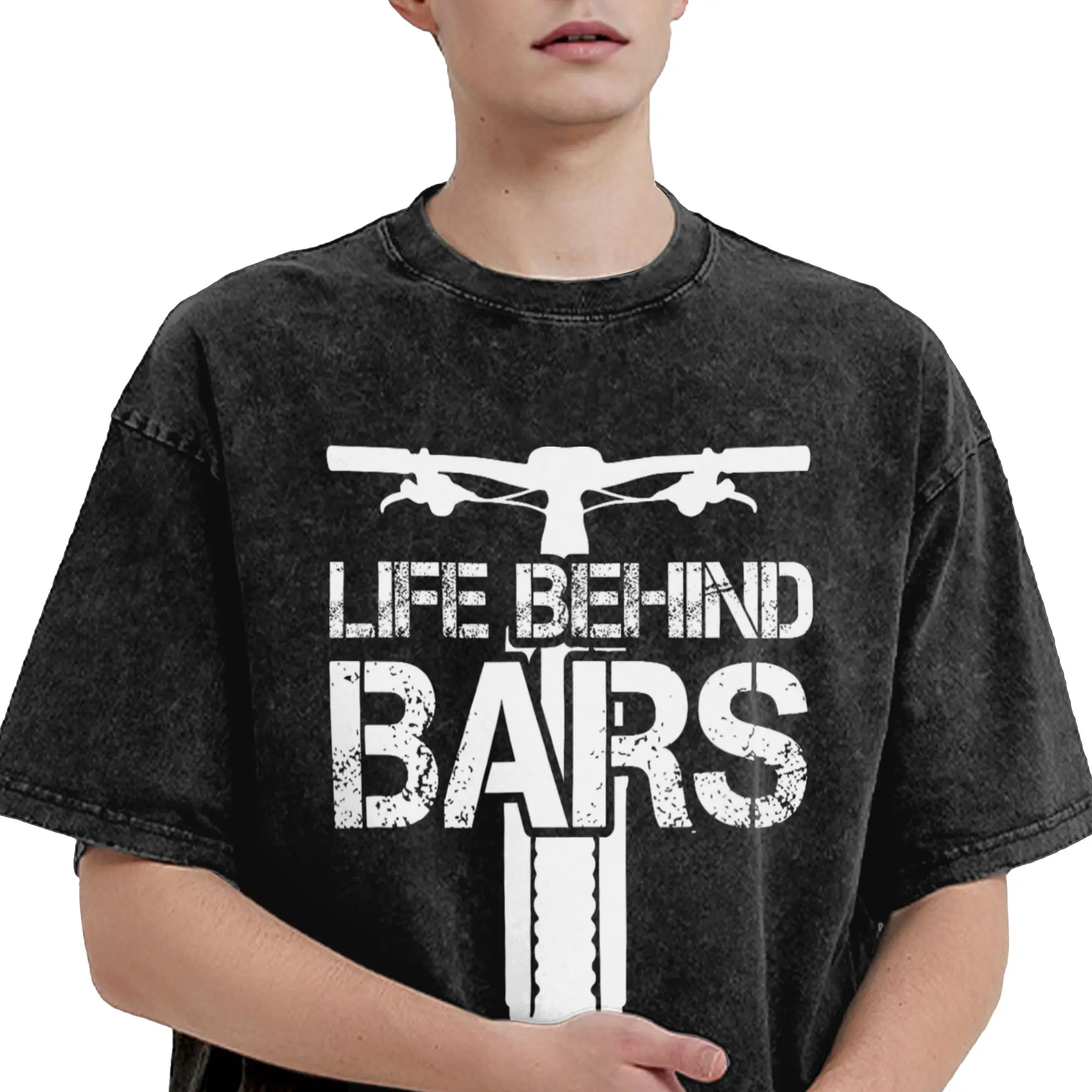 Life Behind Bars Vintage Bike Cyclists  T Shirts Hip Hop Washed Cotton Street T-Shirt  Vintage Men Women Streetwear Summer Tees