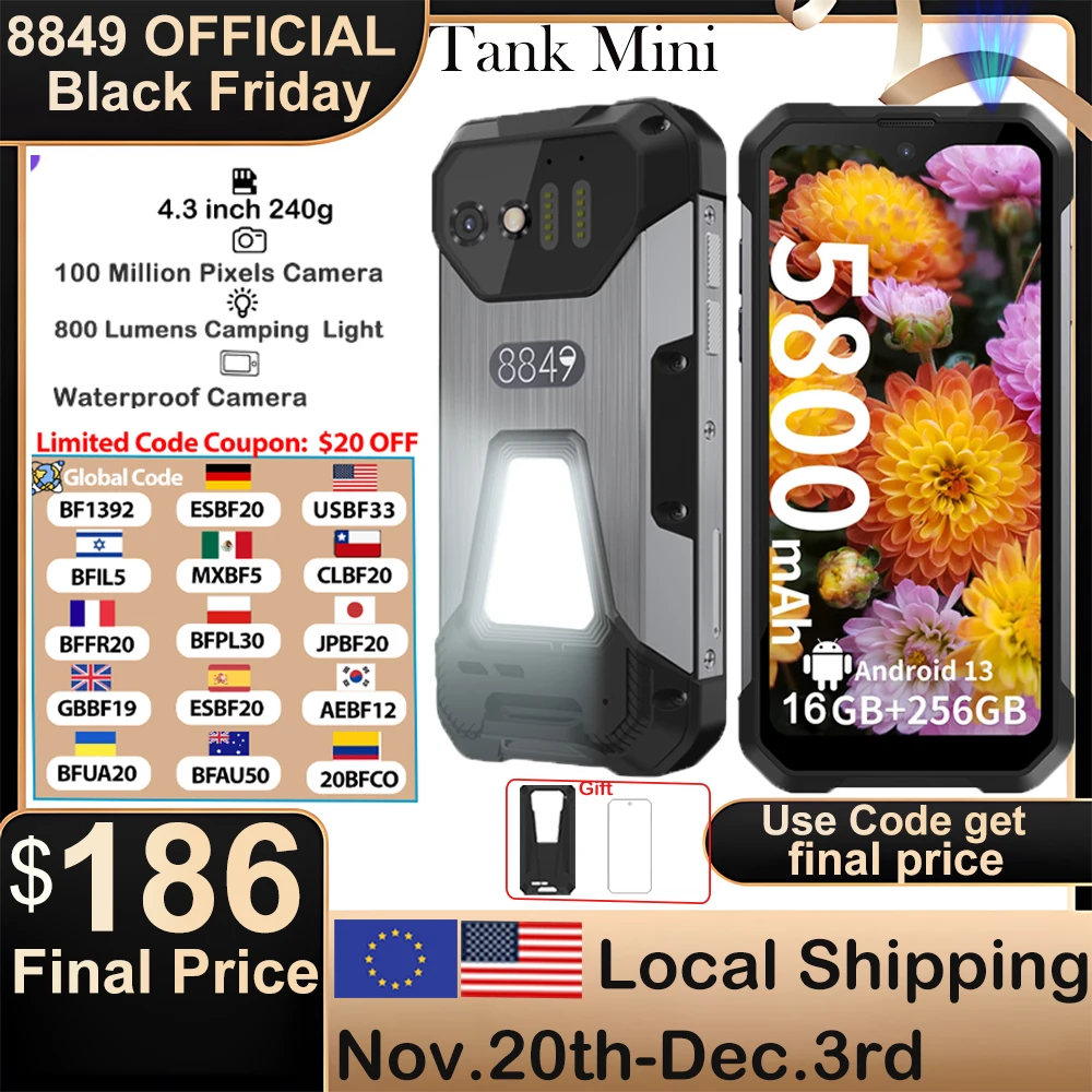 8849 Tank Mini Unihertz Smartphones Robustos 4.3 "Display Android 13 Helio G99 24GB 256GB 100MP Câmeras 5800mAh NFC à prova d'água