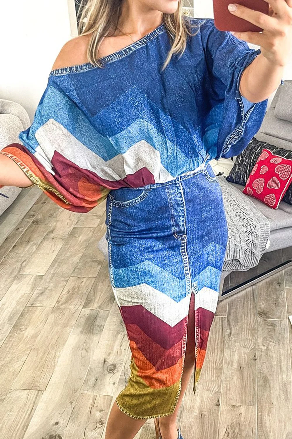 Plus Size Daily Blue Colorblock Round Neck Half Sleeve Split Denim Two Piece Skirt Sets