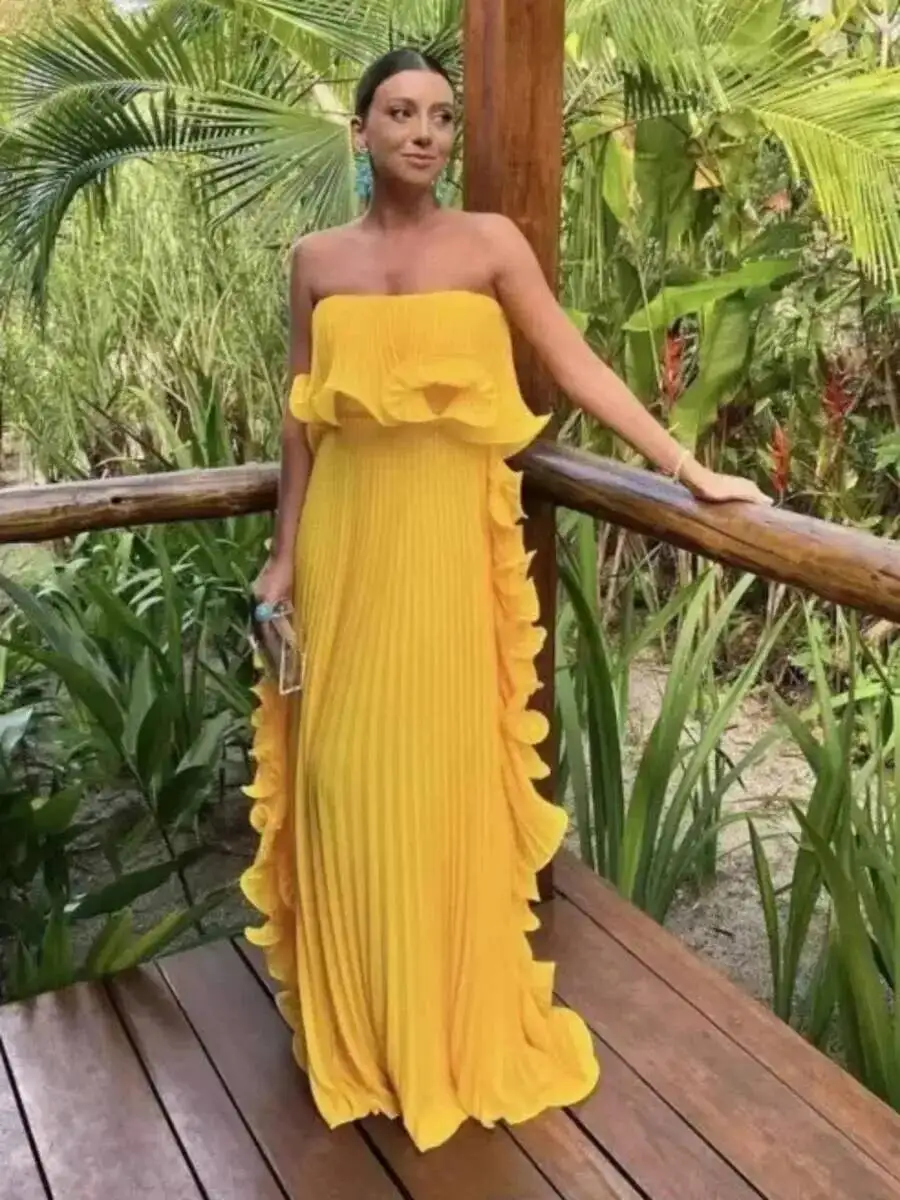 Orange Pleated Chiffon Maxi Dress