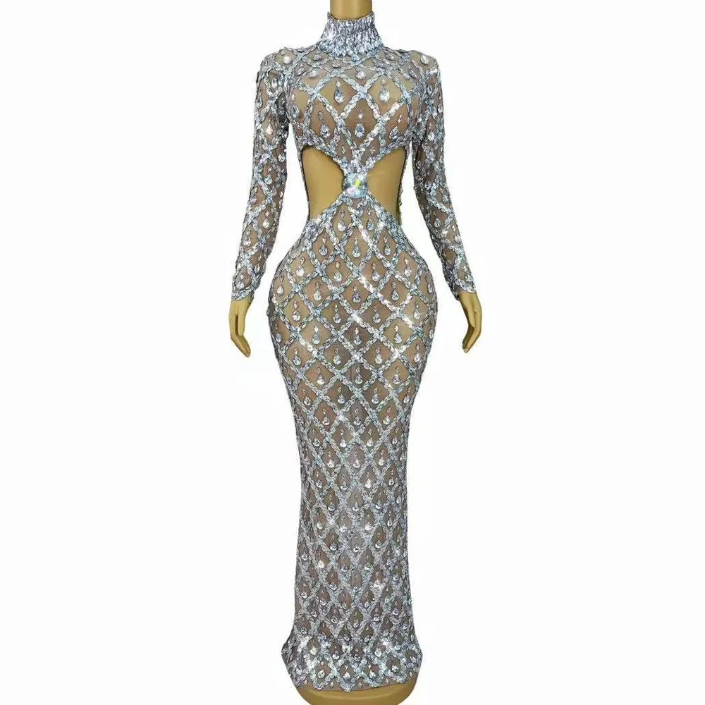 Sparkly Sequins Rhinestones Waist-exposed Dress Women Evening Prom Birthday Dress Sexy Transparent Performance Stage Wear
