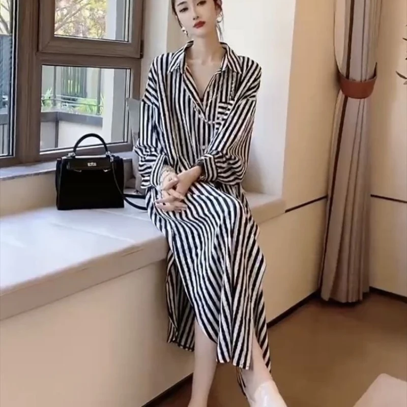 Women Stripe Polo Collar Loose Dress 2026 New Summer Long Sleeve Midi Tummy Control Sun Protection Shirt Robe