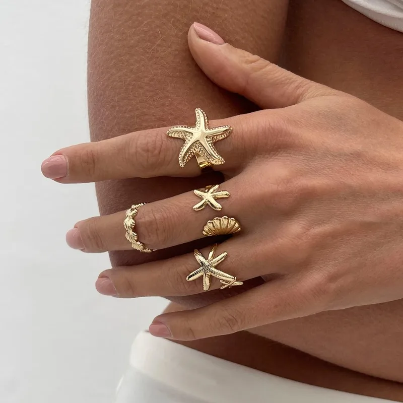 

4Pcs Adjustable Open Rings Set for Women Fashionable Geometric Gold Silver Rings Summer Jewelry Accessories Gift