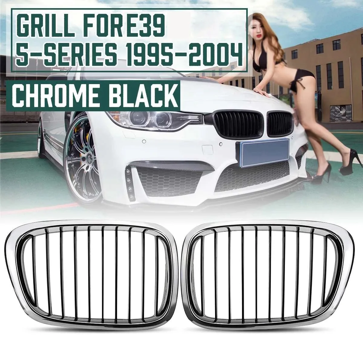 2PCS Car Racing Grills Front Bumper Kidney Grille Grill Chrome Black for-BMW E39 5 Series 525I 530I 540I