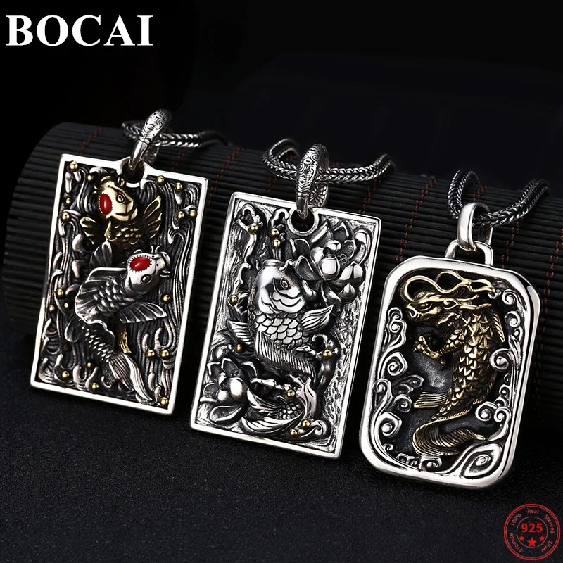 

Genuine BOCAI S925 Sterling Silver Pendants for Women Men New Fashion Personality Vintage Lotus Carp Rectangle Amulet Jewelry