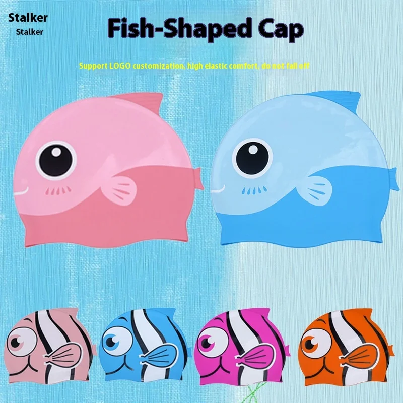 

New Fish-Shaped Silicone Swim Cap Cute And Comfortable Not Strangling Head Ear Protection Training Swimming Children'S Swim Cap