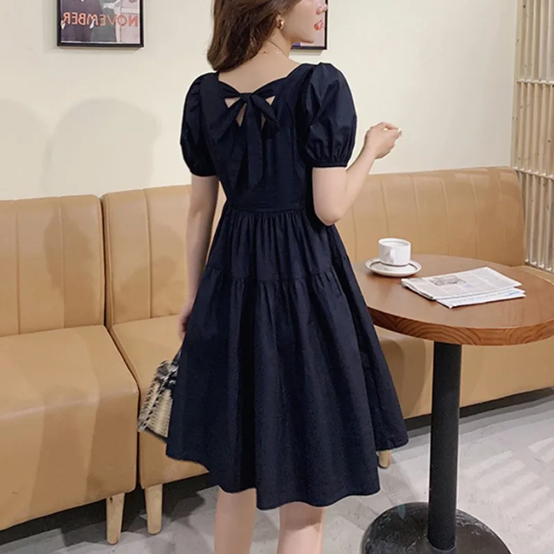 Ele Summer Midi Dr Women's Korean Sle Loose Square Collar Hepburn Sle  Knot Skirt Cotton Bubble Sve A-...