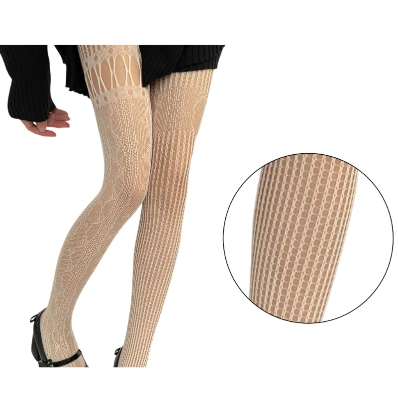 Women Sheer Fishnet Pantyhose Striped Asymmetrical Spliced Hollowed Mesh Tights Dropship