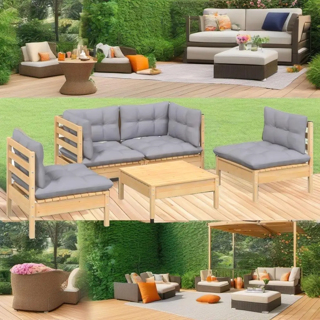 5-Piece Patio Lounge Set with Gray Cushions - Durable Solid Pinewood Furniture