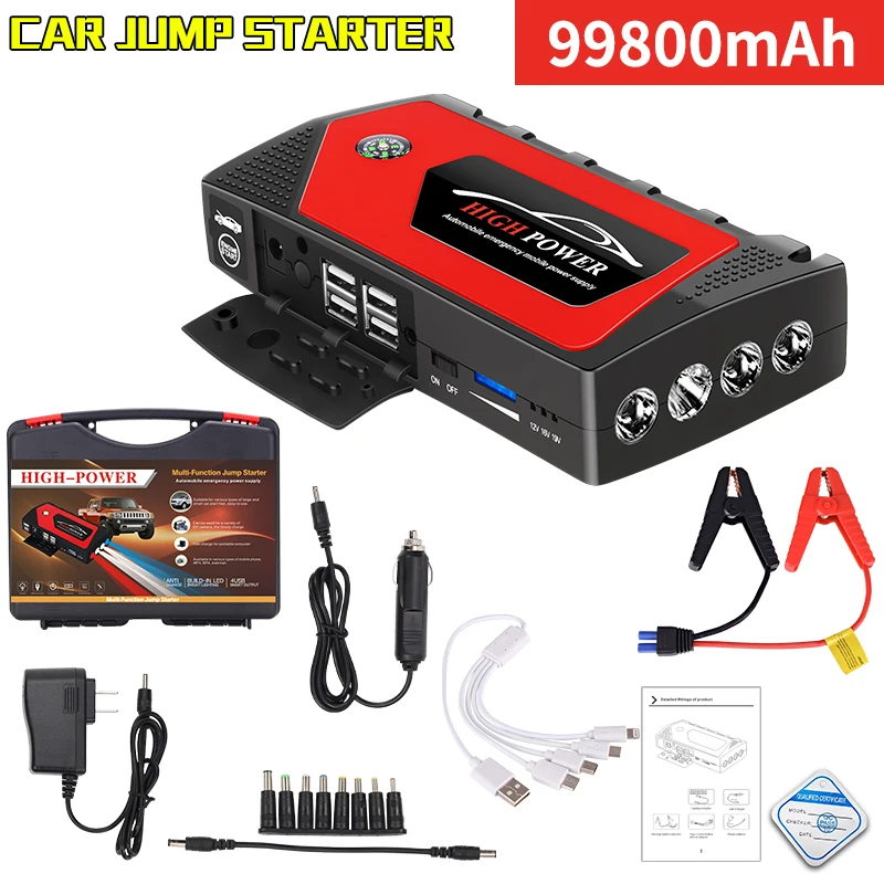 New Portable 99800mAh Car Battery Jump Starter 600A 12V Output 4 Usb Emergency Start-up Booster Charger for Auto Starting Device