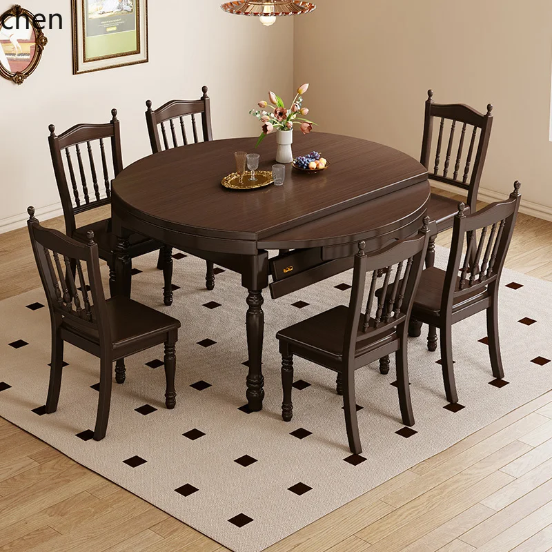 

HTT retro style retractable dining table round table folding dining table household small apartment