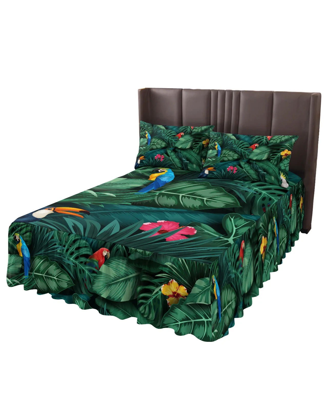 Animal Parrot Tropical Plant Green Leaf Bed Skirt Elastic Fitted Bedspread With Pillowcases Mattress Cover Bedding Set Bed Sheet