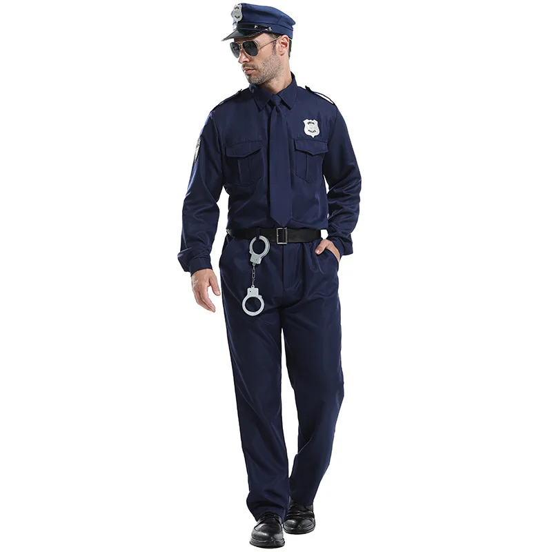 Herren Polizisten-Kostüm, dunkelblaue Polizeiuniform, Halloween-Kostüm für Erwachsene, Cosplay, Polizisten-Bühnenauftritt, Polizistenkleidung – Detail 4
