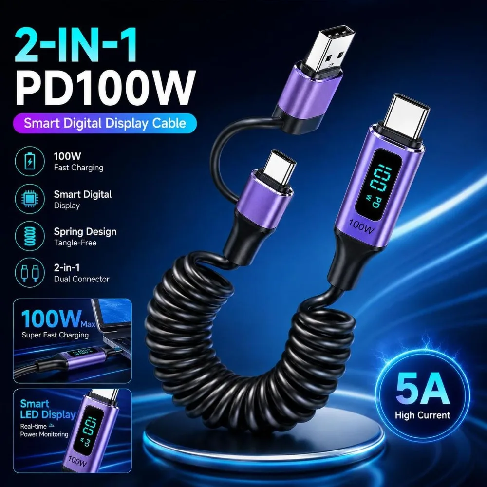 100W Fast Charging USB-C to USB-C Cable 5A E-Marker Chip Charging Line 480Mbps Data Transfer Digital Display Cord Phone Charging