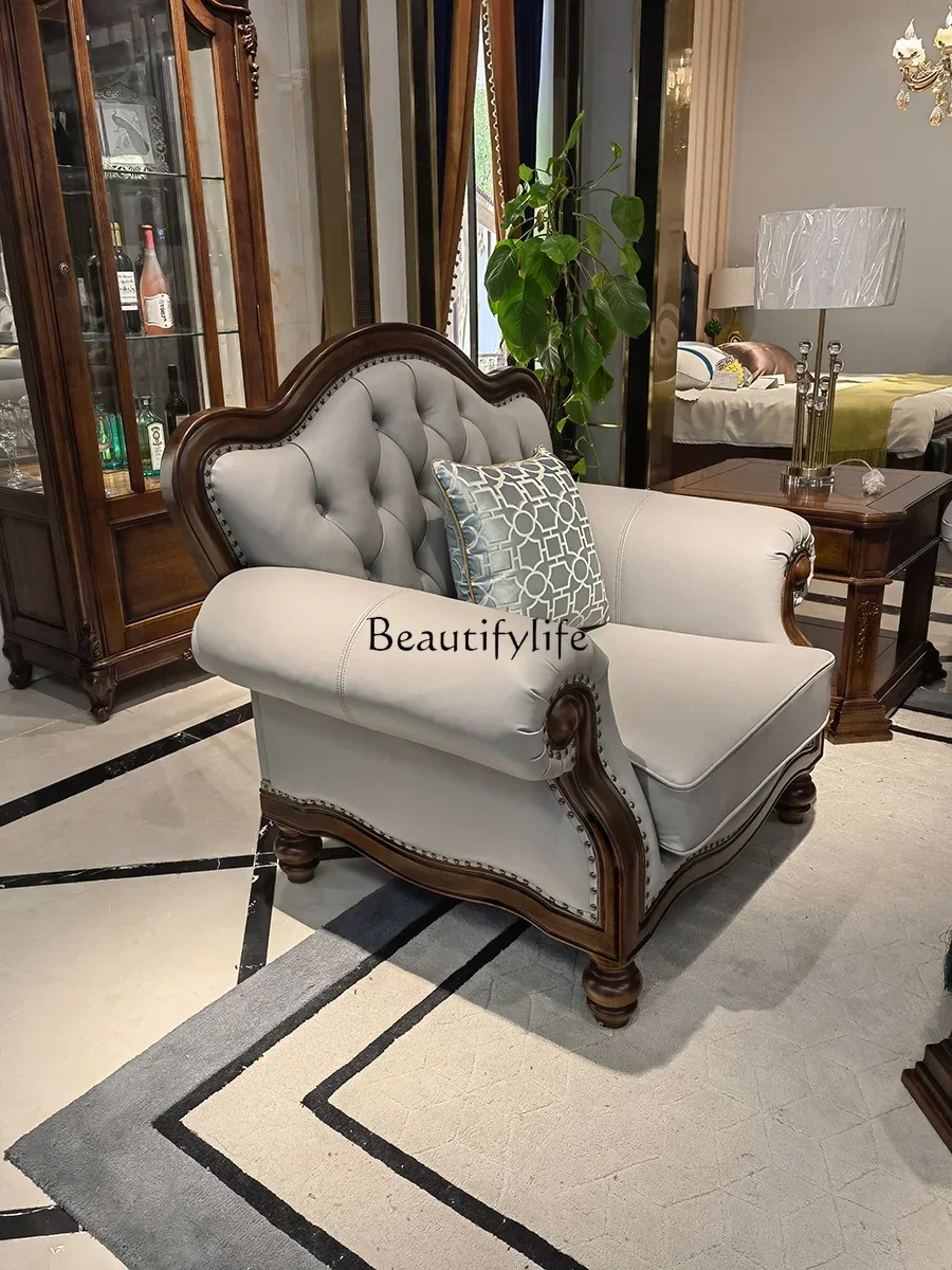 

LJY*American all-solid wood leather sofa small apartment rural classical black walnut U-shaped sofa