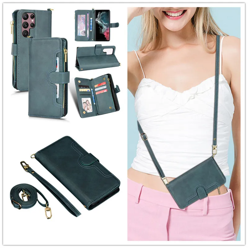 สำหรับ Samsung Galaxy S22 S23Plus S21 S24 FE Note 20 A53พิเศษ33 13 22 52S 32 5G เคสฝาพับหลายช่องมีซิปสะพายไหล่