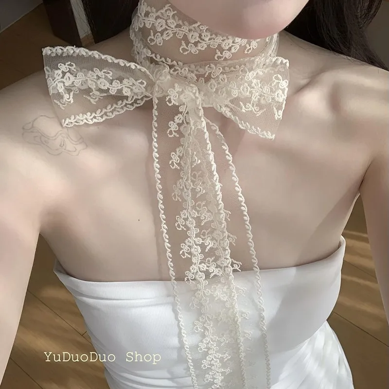 Lace Scarf Long Retro French Style Lightweight Soft Breathable Spring Summer Hair Tie Headband Decorative Wrap Scarf Women