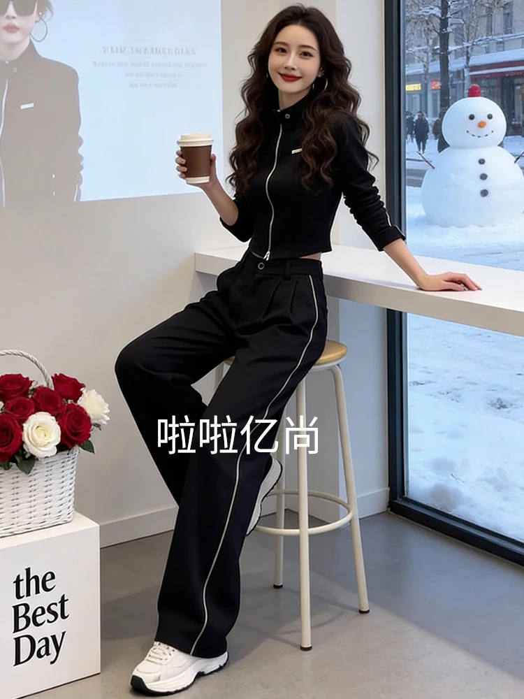 

Cool Sporty Two-Piece Set Women's Spring High-End Trendy Brand Open Cardigan Top Wide Leg Pants Casual Sportswear Ensemble