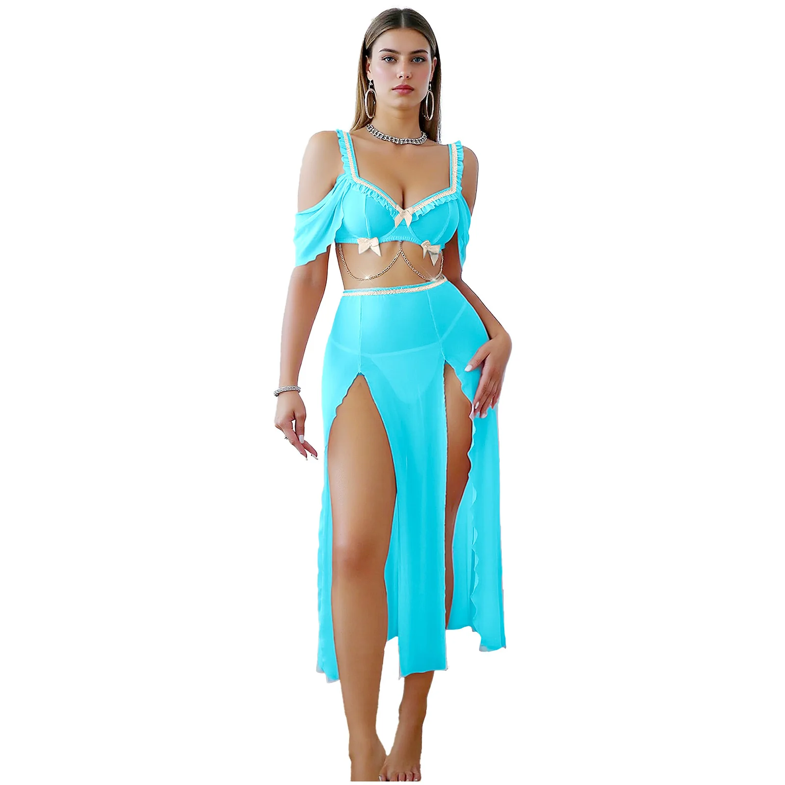 Women Arab Belly Princess Dance Performance Costume Bra Crop Top Waist Chain High Slit Skirt And T-back Thong Belly Dance Outfit