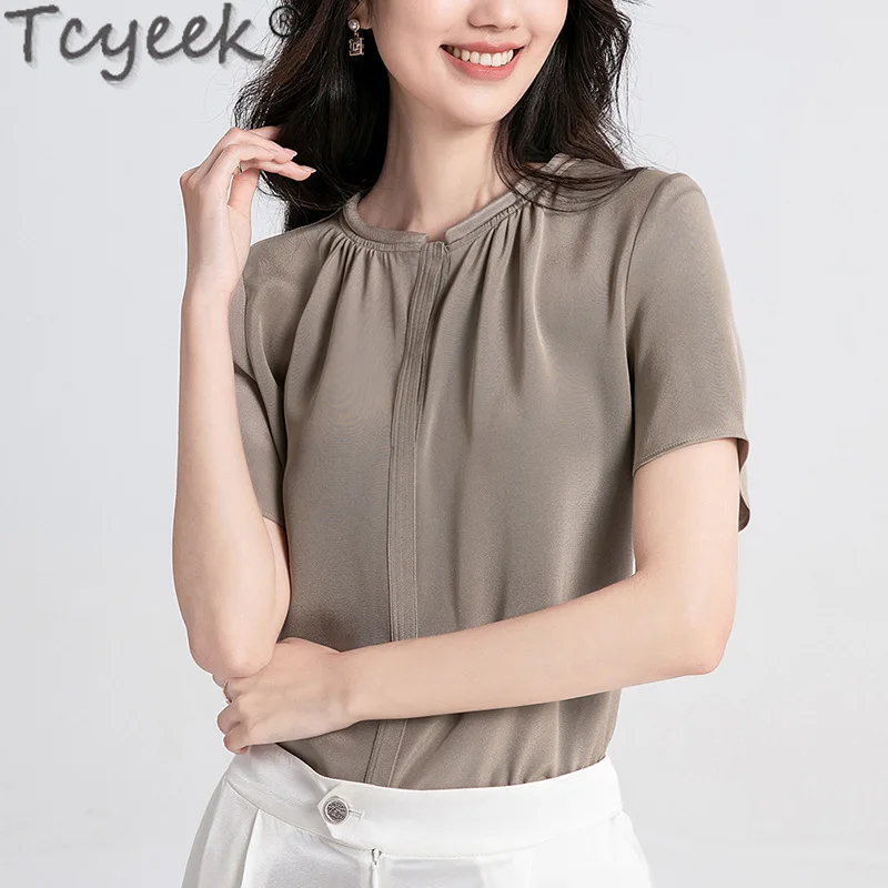 Tcyeek 100% Mulberry Silk T-shirt New Style Summer Clothes Elegant Tops Loose Blouse Solid Color T-Shirts for Women Топ Женский