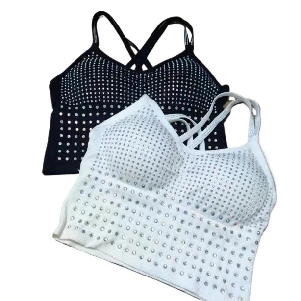 sweet sport girls white tank top ssexy rhinestones white camis women hot girls padded crop tops