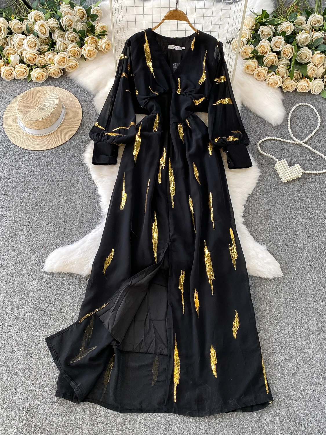 Ele v-ne longue Sve Dr femmes taille haute gaze minceur fendu paillettes Dr décontracté Sle a-ligne jupe pour Par