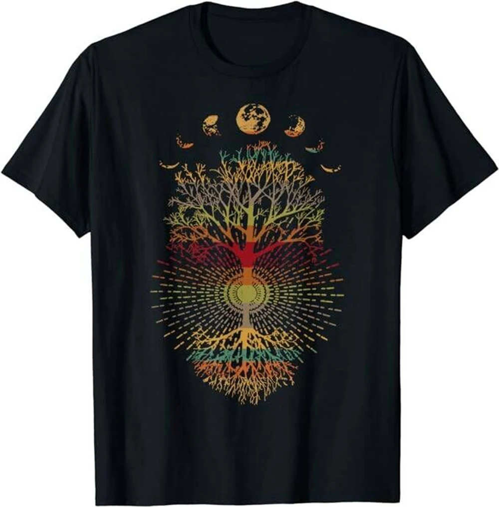 Fashion Phases of the Moon Retro 60's 70's Vibe Tree of Life T-Shirt 100% Cotton Streetwear Tops Tops Tees Men's Clothing 43008