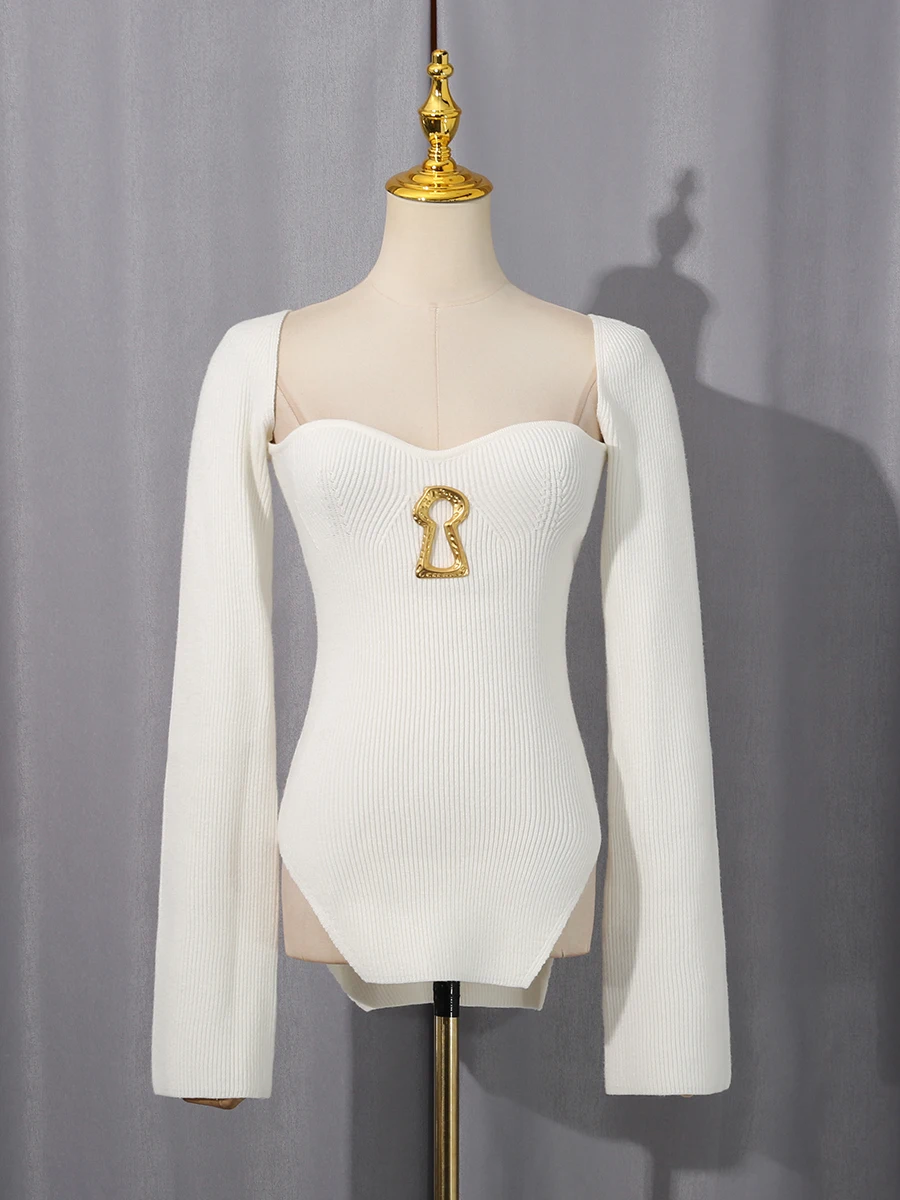 سترة محبوكة معدنية متينة متعددة الاستخدامات من VGH للنساء برقبة مربعة وأكمام طويلة سترة نسائية بمزاجية غير متماثلة #3