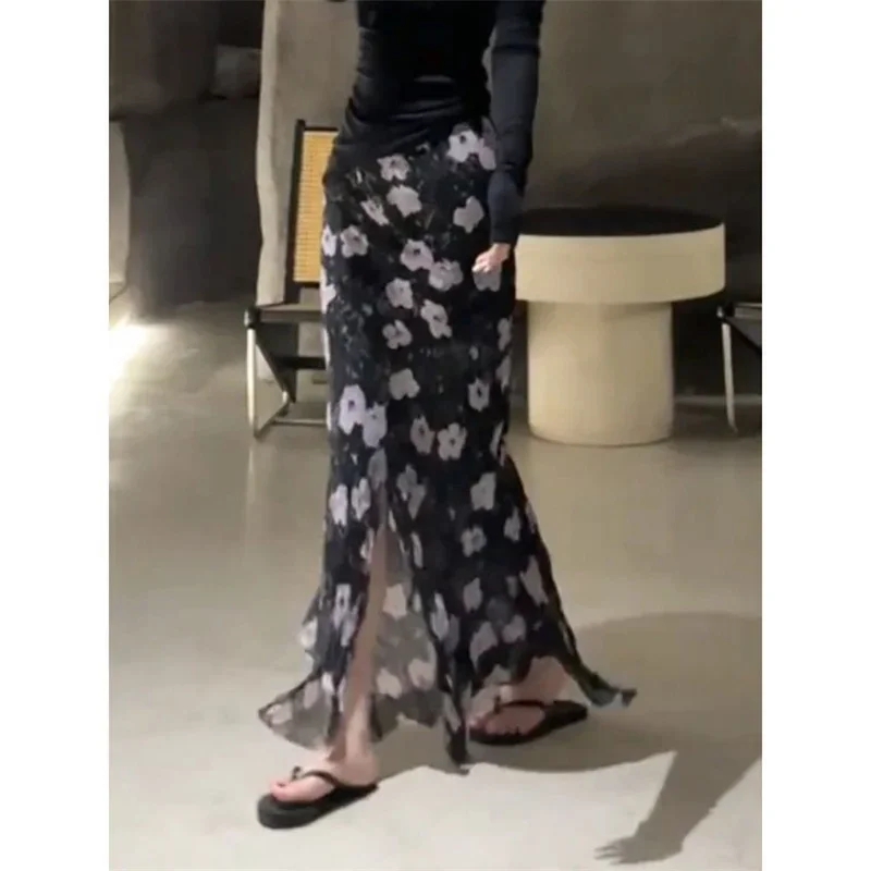 جديد الصيف الفرنسية طويلة حورية البحر تنورة المرأة خمر الأزهار طباعة عالية الخصر عادية سبليت Bodycon تنورات الرصاص عطلة ملابس الشاطئ