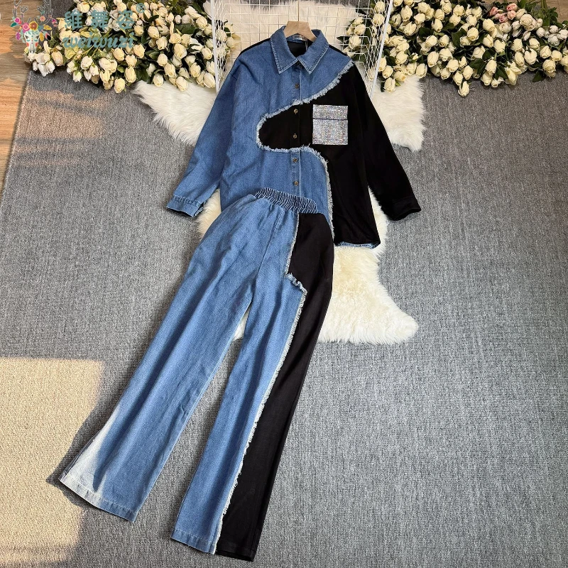 

Autumn Women's Jeans Two-piece Sets Patchwork Denim Jacket Wide-leg Pants Cowboy Coat+High-waist Pants Outdoor Causal Outfits