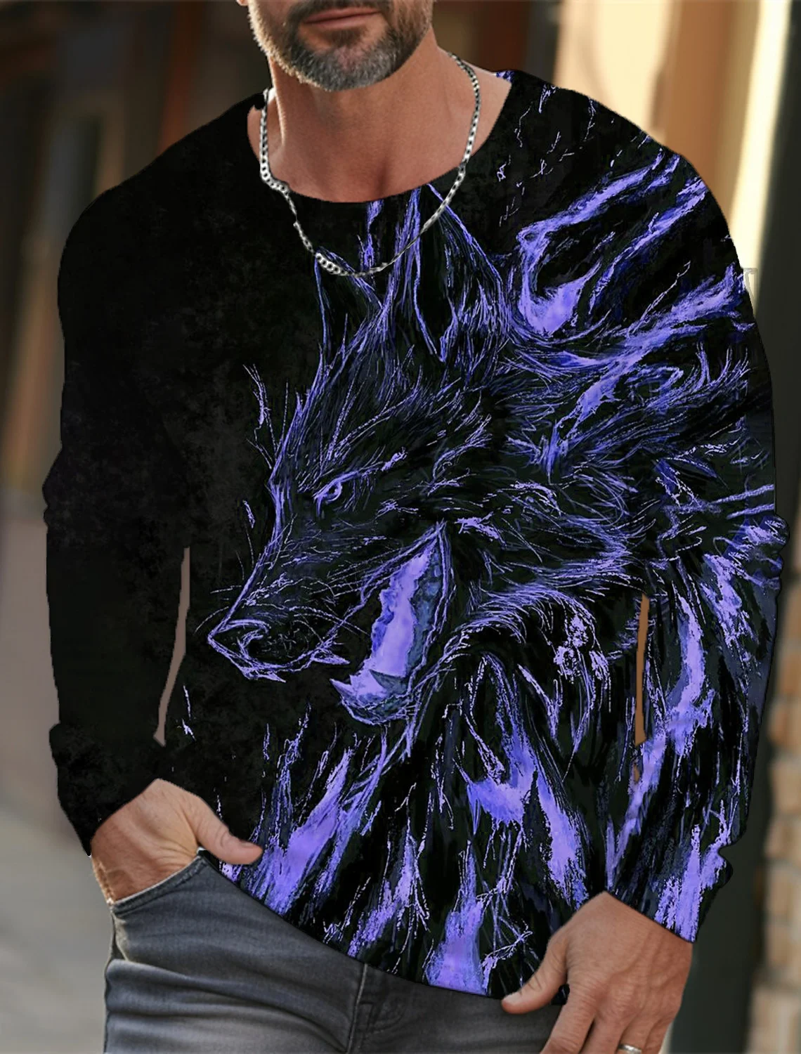 Simple Fluorescent Wolf 3D Printed Long Sleeve Men's New Style Print Men's Autumn Casual Round Neck Long Sleeve Men's Tops Tees