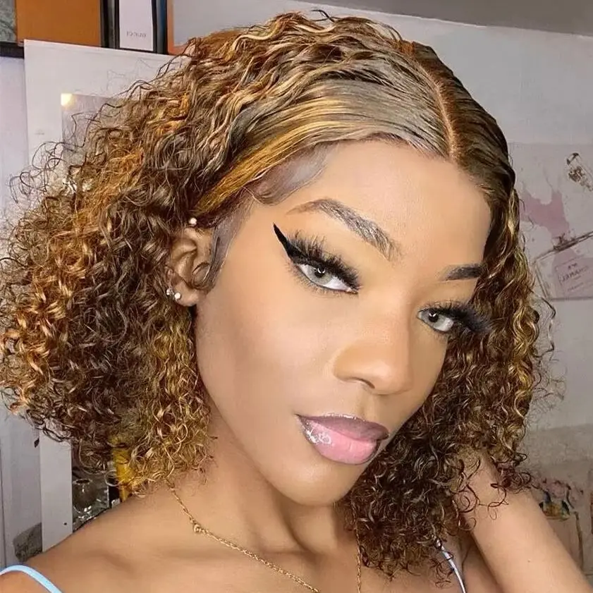 Water Wave Short Bob Preplucked Human Hair Wigs 13x4 Lace Frontal Wig Brazilian HD Transparent Lace 4/27 Highlight Wig Deep Curl