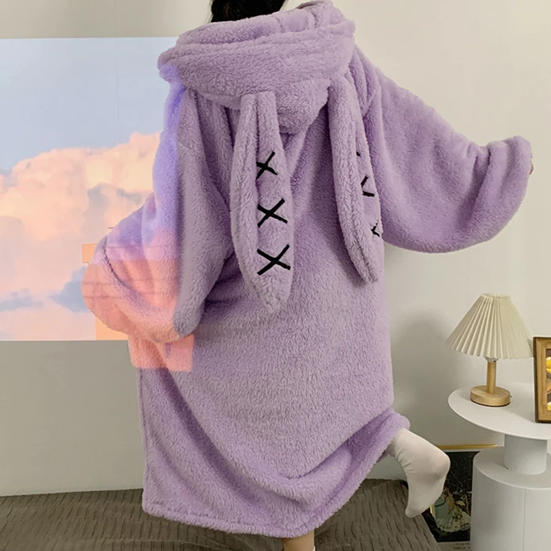 Women's Velvet Nightgown Pajamas Winter Hoodie Dress Up Party Funny Robe Sleeping Homewear Cartoon Long Eared Rabbit Loose