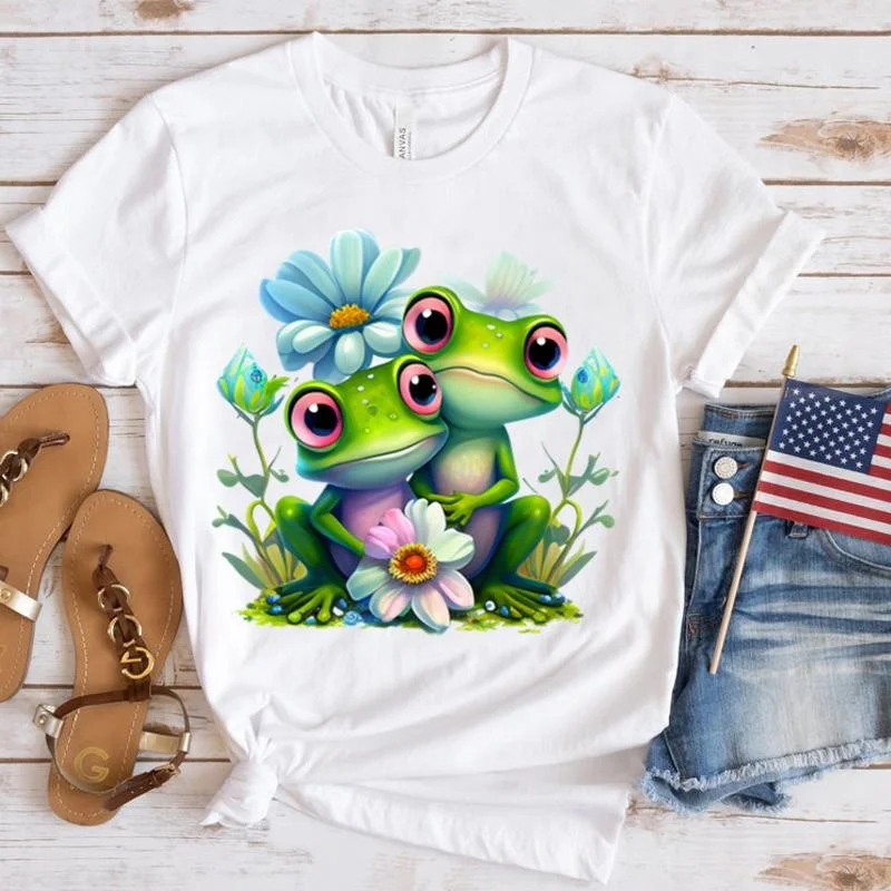 New Frog Print T Shirt Fashion Women Summer Casual Short Sleeve Tee Cute Loose T Shirts