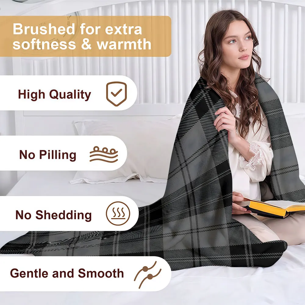 black grey plaid Soft Warm Flannel Blanket Lightweight Cozy Christmas Halloween Home Decor Room