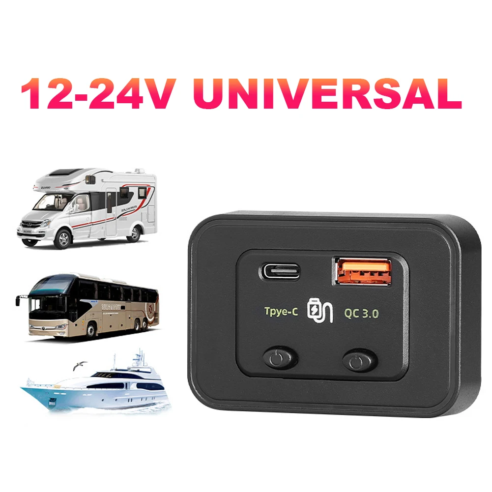 

12/24V Quick Charging Adapter Dual USB Ports PD Type-C QC3.0 Car Bus Charger Socket Adapter with Button Switch USB Power Adapter