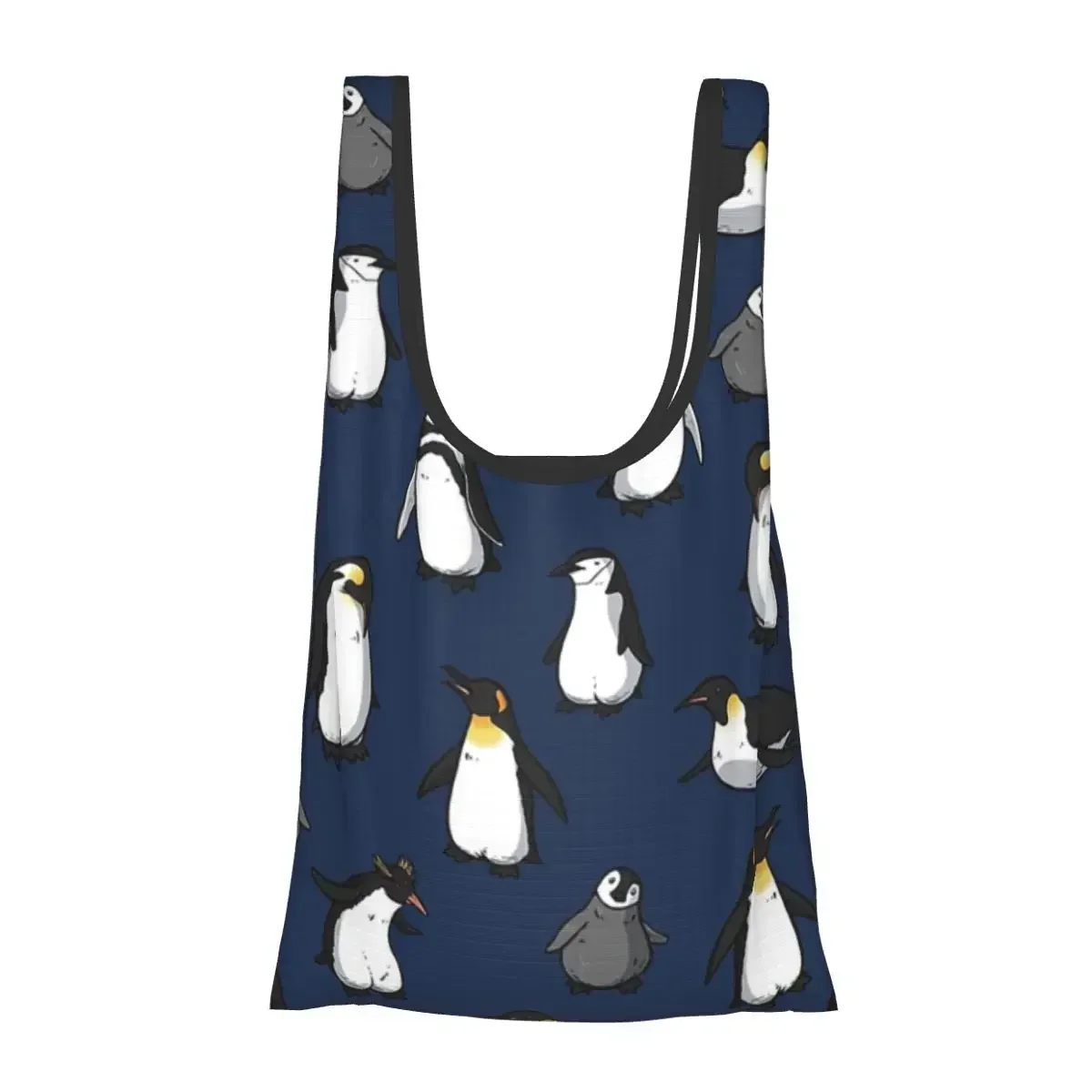 Cute Penguin Pattern (Dark Blue Variant) Portable Tote Shopping Bags Reusable Shopper Bag Groceries Handbag Shoulder Bag