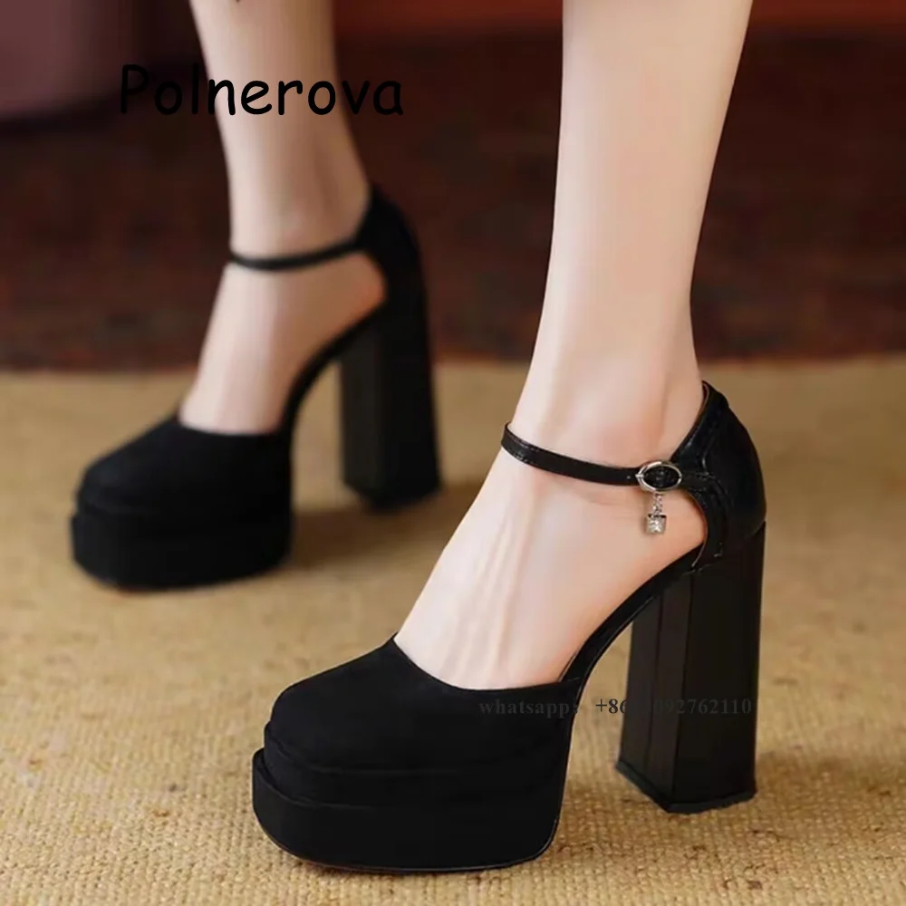 

Solid Suede Sandals Platform Chunky Heels Women's Shoes Metal Buckle Front Strap Summer Casual Elegant Ladies Fashion Shoes