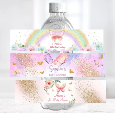 

Custom Butterfly Water Bottle Label Party Favor Birthday Wedding Baby Shower Personalised Name Text Design Print Adhesive Drinks