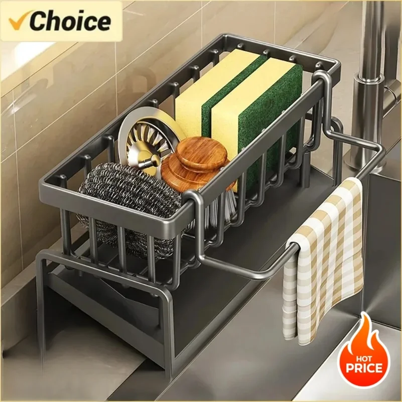 

1Pc Multifunctional Plastic Kitchen Shelf Rag Storage Drainage Shelf,No-Punch Adhesive Spice Rack,Sink Tap Drain Rack with Hooks