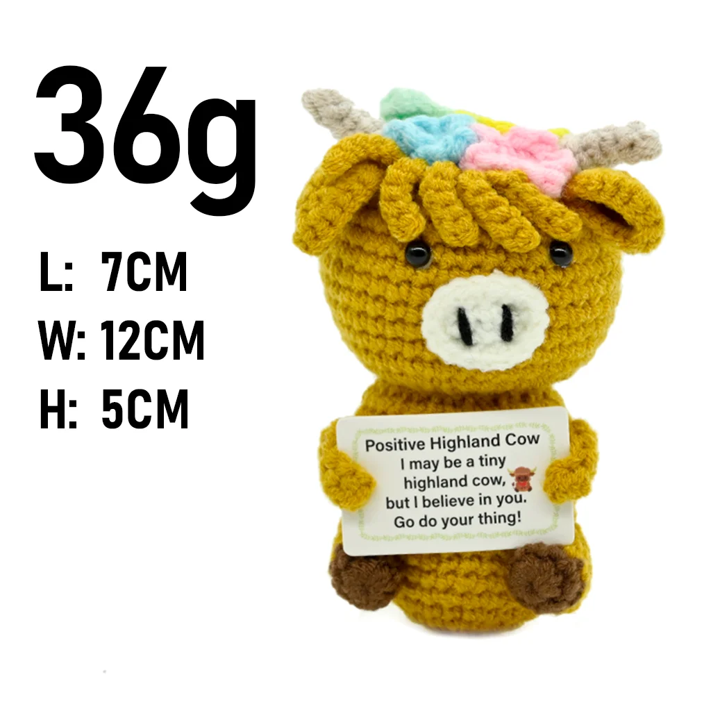 AnimalSeries Positive Energy Cow Crochet Doll, Handmade Knitted Decor Ornament with Encouragement Card, Mini Desk Decor Gift view 3
