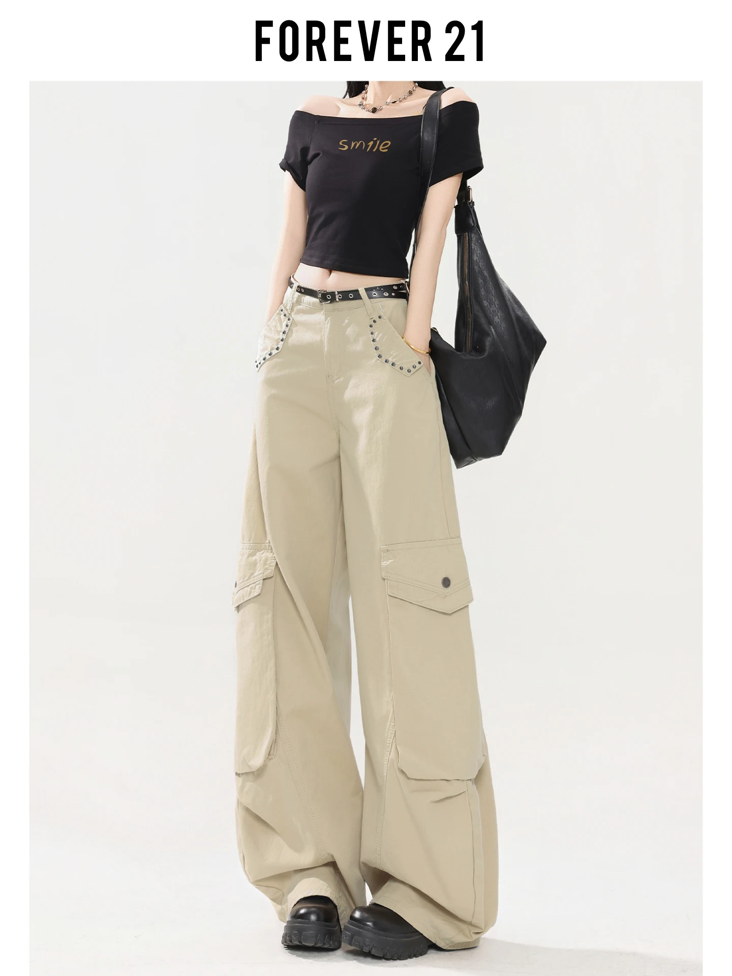 Vaqueros de cintura alta y pierna ancha para mujer, de ajuste holgado, en denim ligero, estilo workwear, con remaches, Forever 21 High Street Design Sense