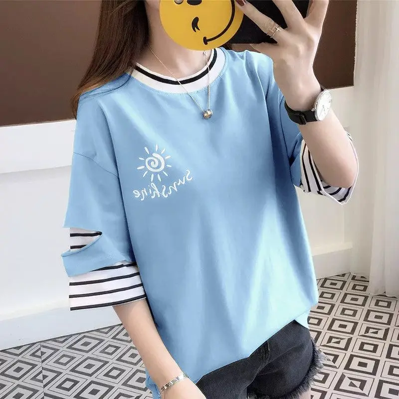 Fashion Printed Spliced Striped Fake Two Pieces T-Shirts Female Clothing 2024 Spring Summer Loose Korean Tops Casual Tee Shirt